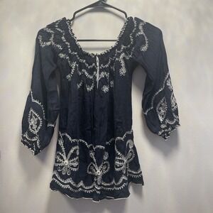 Poupee Navy Blue Embroidered Off Shoulder Boho Blouse Top Women's Size M